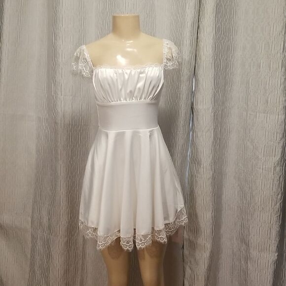 Women's Satin Lace Strap Mini Dress Square Neck Flowy A-Line Ruffle Swing Casual - Picture 4 of 15